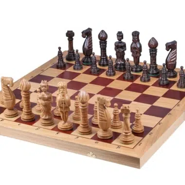 Large Carved Chess Pieces and Folding Wooden Chess Board with Storage
