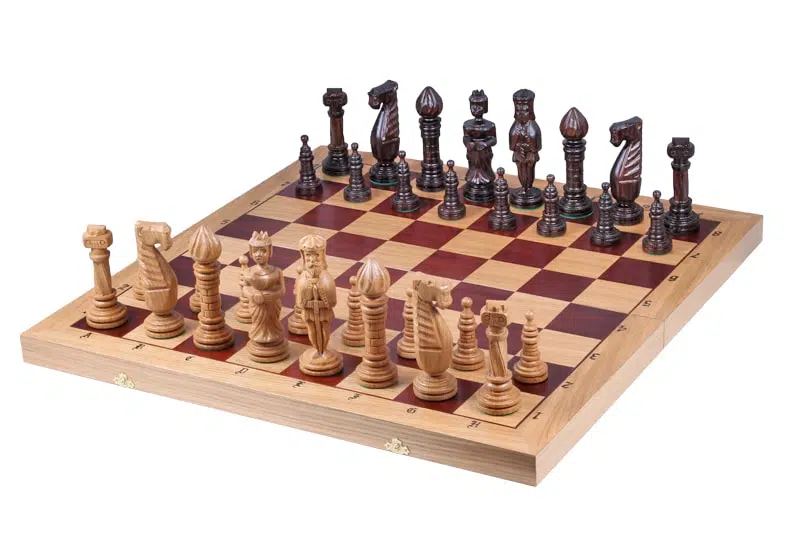 Large Carved Chess Pieces and Folding Wooden Chess Board with Storage