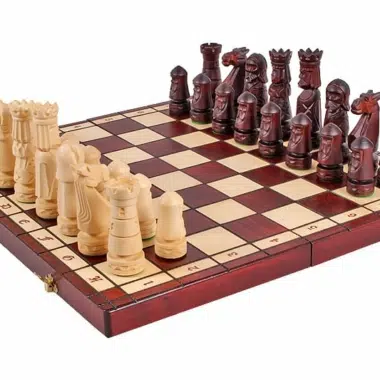 Large Folding Wooden Chess Board with Hand-Carved Wooden Chess Pieces