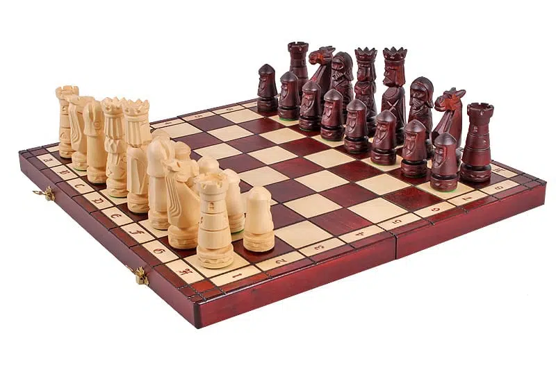 Large Folding Wooden Chess Board with Hand-Carved Wooden Chess Pieces