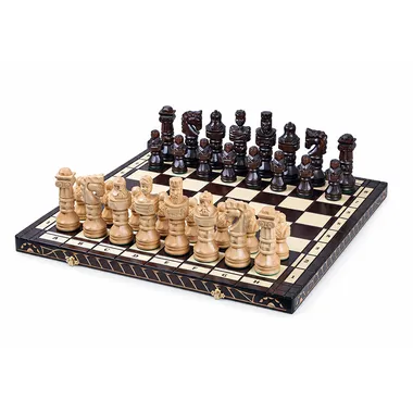 Complete Gladiator chess set, carved pieces on a folding wooden chessboard