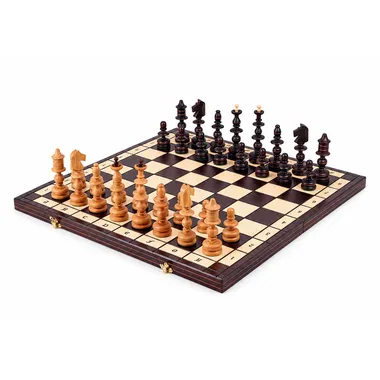 Giant folding wooden chess set, open board with pieces arranged