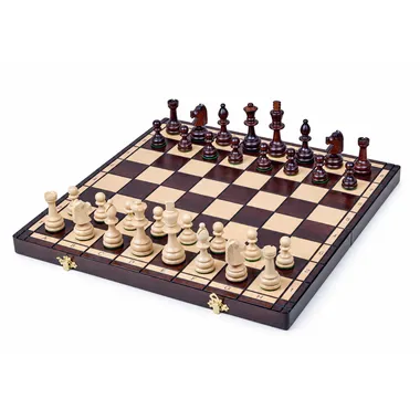 Folding wooden chess board with light and dark pieces set up