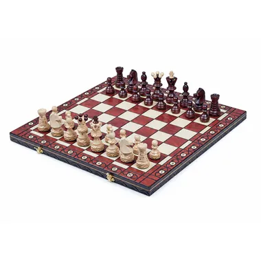 Complete wooden chess set with folding red and white marquetry chessboard