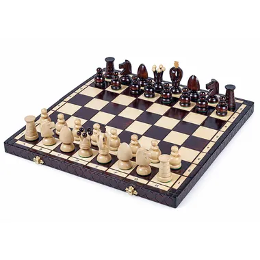 Complete wooden chess set on a folding board with alphanumeric coordinates