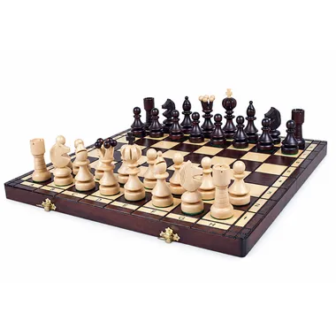 Complete wooden chess set on folding board with built-in storage