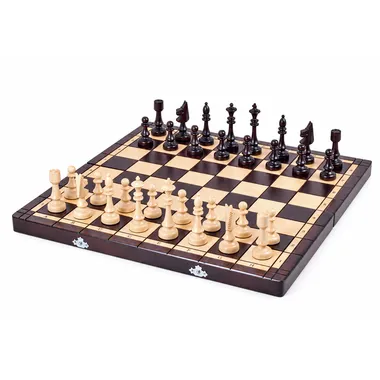 Complete wooden chess set with folding board set up, pieces in play