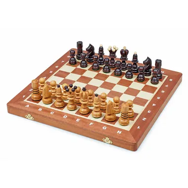 Complete wooden chess set arranged on a folding board with storage
