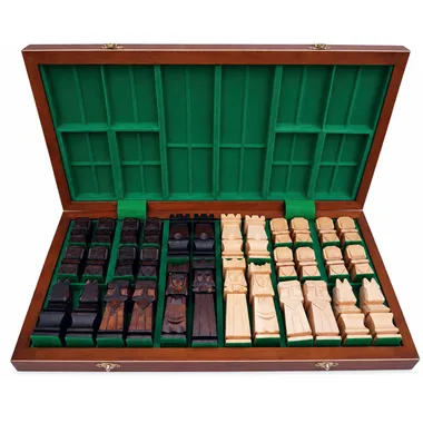 Open storage box showing the cubic pieces held in green felt