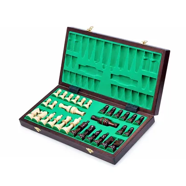 Open box showing the green interior storage and chess pieces