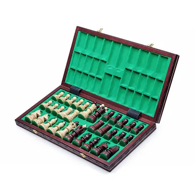 Open folding chessboard showing stored pieces and green felt interior
