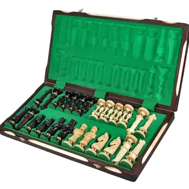 Alternative view of Large Carved Wooden Chess Pieces and Folding Wooden Chess Board with Storage