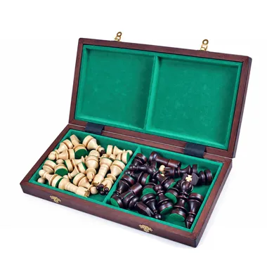 Open storage box showing pieces arranged in green felt-lined compartments