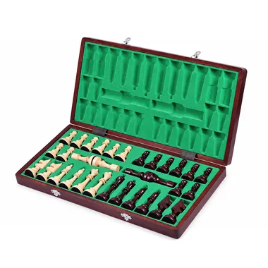 Folding chess board open revealing the storage box lined with green felt