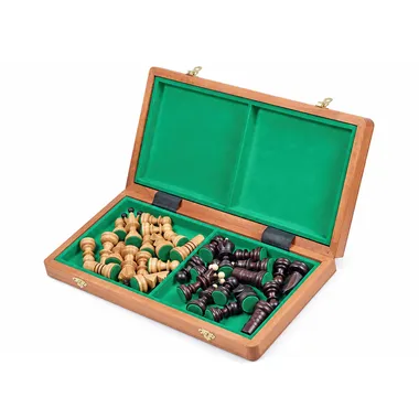 Open folding chess board showing wooden pieces stored in their compartment