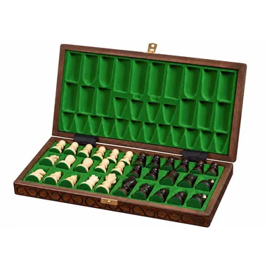 Open storage box showing green felt compartments with black and white pieces stored