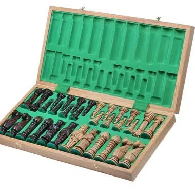 Alternative view of Large Carved Chess Pieces and Folding Wooden Chess Board with Storage