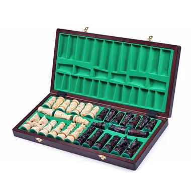 Open folding storage box with green compartments for the pieces