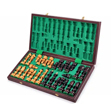 Open folding box showing all pieces stored in green foam