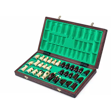 Folding chess board open showing the green felt-lined storage interior