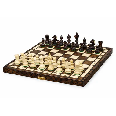 Folding wooden chess set with storage, black and white pieces set up for play