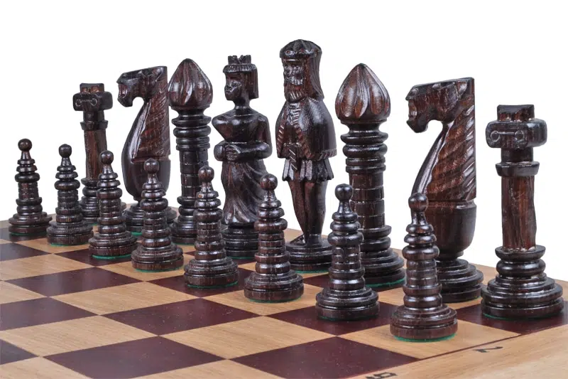 Large Carved Chess Pieces and Folding Wooden Chess Board with Storage - Image 3