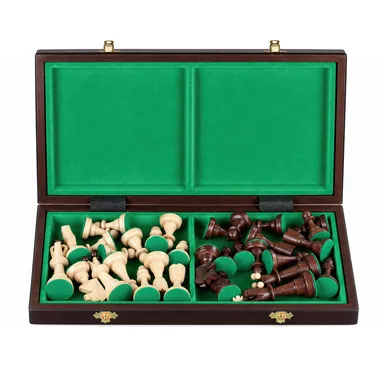 Folding chess board open showing the green felt-lined storage for the pieces