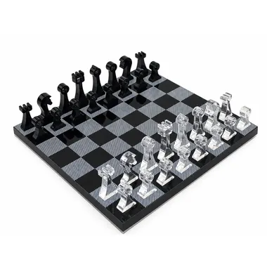 Black and clear plexiglass design chess set, overall view on the chessboard