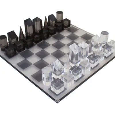 Grey and Translucent Glossy Cube Design Chess Set in Plexiglass with Storage Box