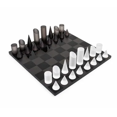 Modern conical chess set in grey and white, overall view on the board