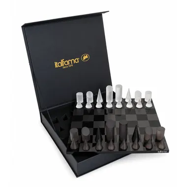 Open storage box with conical pieces and plexiglass chess board