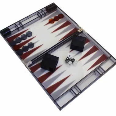 Modern Grey Plexiglass Backgammon Set with Draughts Chips, Dice Cup and Dice Set