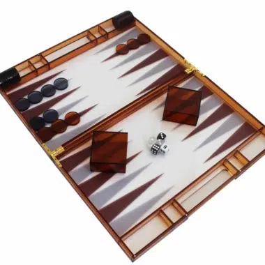 Modern Orange Plexiglass Backgammon Set with Draughts Chips, Dice Cups and Dice