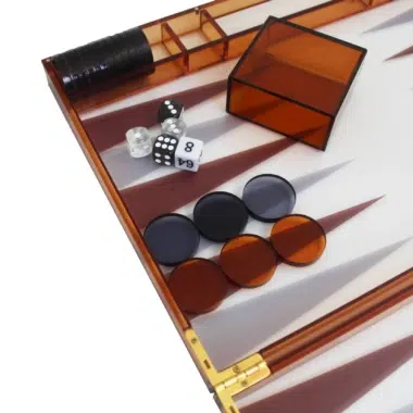 Alternative view of Modern Orange Plexiglass Backgammon Set with Draughts Chips, Dice Cups and Dice