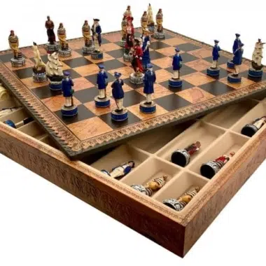 Pirate Chess Pieces and Faux Leather Chess Board with Storage