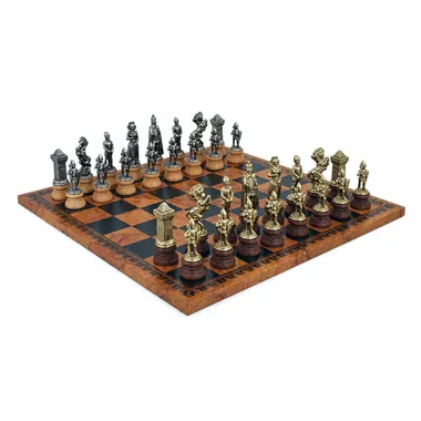 Complete Mary Stuart chess set on chessboard with antique world map design