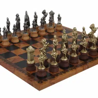 Large Mary Stuart Chess Pieces and Faux Leather Chess Board with Antique World Map