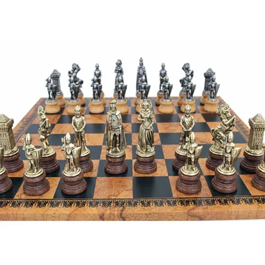 Mary Stuart chess pieces in playing position, detail of relief-style figures