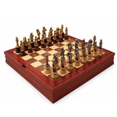 Florence chess pieces facing off on the wooden chess board