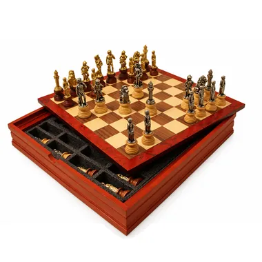Complete Florence chess set on wooden board with open storage box