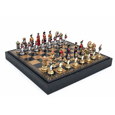 Napoleon chess set complete on faux leather chess board with storage box