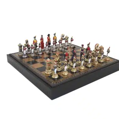 Hand-Painted Napoleon Chess Set and Faux Leather Chess Board with Storage