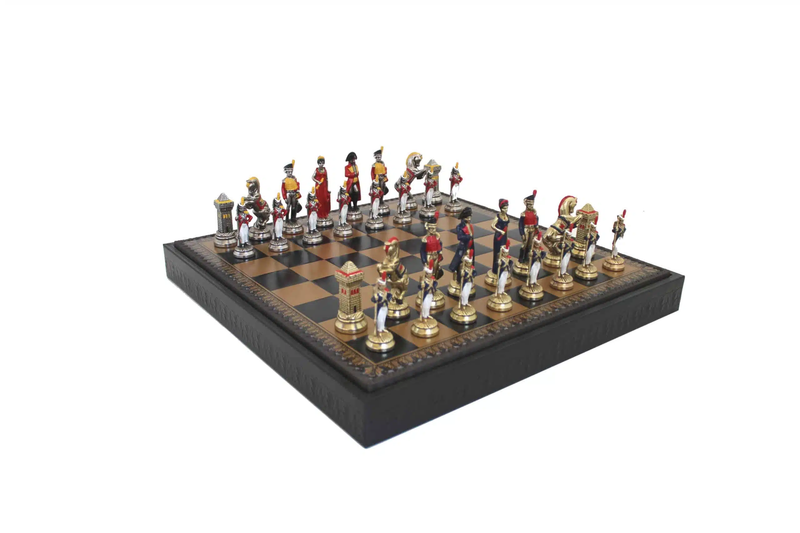 Hand-Painted Napoleon Chess Set and Faux Leather Chess Board with Storage
