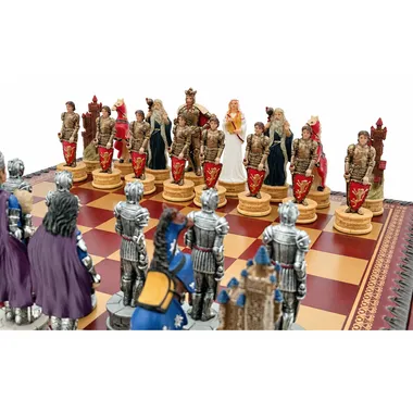 King Arthur chess pieces close-up with king, queen and armed knights