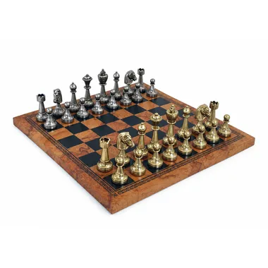 Staunton metal chess set on faux-leather chessboard with world map, overall view