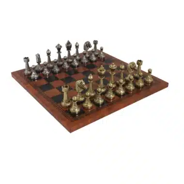 Staunton Chess Set in Metal & Brown Faux Leather Chess Board