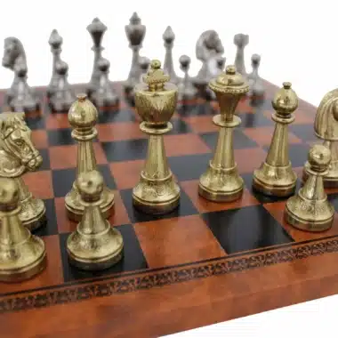 Alternative view of Staunton Chess Set in Metal & Brown Faux Leather Chess Board