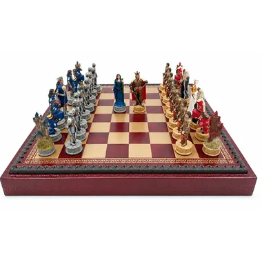 Complete King Arthur chess set on faux-leather chessboard with storage box