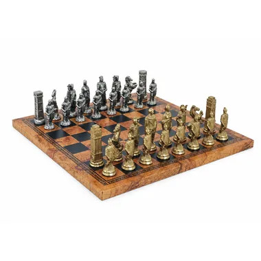 Romans vs Barbarians Chess Set and Faux Leather Chess Board with Antique World Map