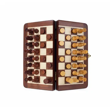 Foldable wooden chess and draughts set, top view, open